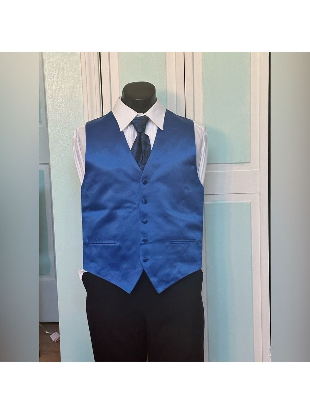 Royal Blue Satin Closed Back Vest and Tapestry Tie Wedding Prom Men’s Large L